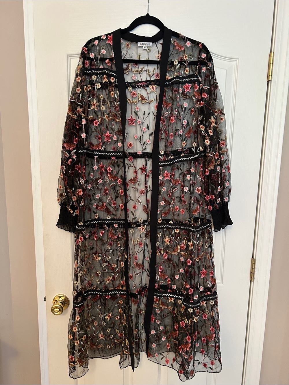 Adore Black Sheer Floral Embroidered Duster Robe with Pink/Cream Blooms size M